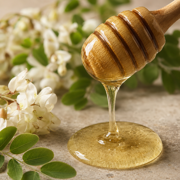 A wooden honey dipper dripping golden honey into a pool on a stone surface, with white flowers and green leaves softly blurred in the background.