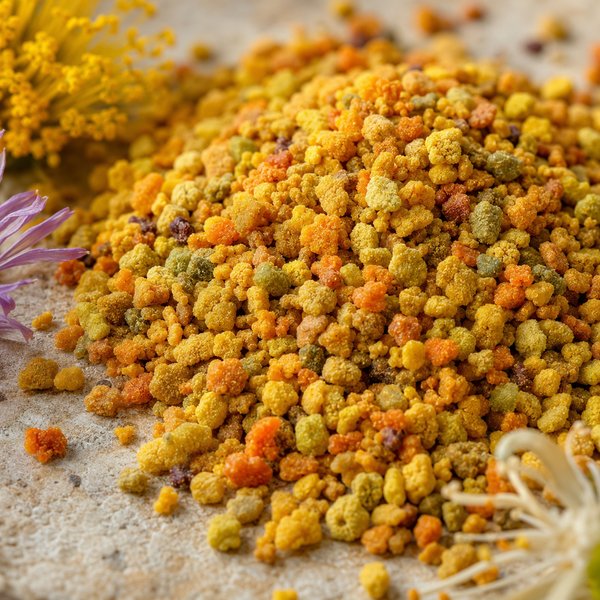 A close-up pile of small, textured, multicolored granules or powder, predominantly yellow and orange with some green and brown pieces, styled on a light stone surface with dried flowers.