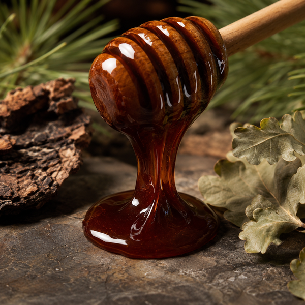 A wooden honey dipper filled with glossy amber honey, with honey dripping down, set on a dark stone surface with pine needles, bark, and leaves around it.