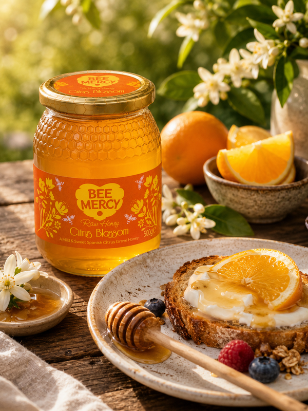 A jar of Bee Mercy Citrus Blossom honey sits on a rustic wooden table surrounded by food props, including a plate with toast topped with honey and orange slices, fresh berries, a honey dipper, oranges, and small bowls of flowers and blossoms.