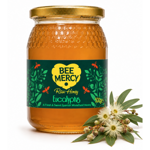 A 500g glass jar of Bee Mercy Raw Honey Eucalyptus, filled with golden honey and featuring a dark green label with a yellow bee logo, shown next to fresh eucalyptus flowers on a white background.
