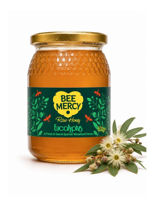 A 500g glass jar of Bee Mercy Raw Honey Eucalyptus, filled with golden honey and featuring a dark green label with a yellow bee logo, shown next to fresh eucalyptus flowers on a white background.