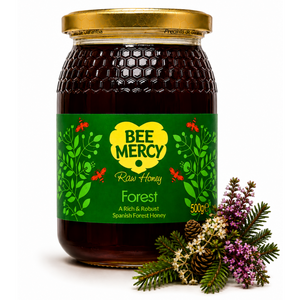 A 500g glass jar of Bee Mercy Forest Raw Honey with a gold lid and green label, styled with natural forest herbs and a pinecone on a white background.