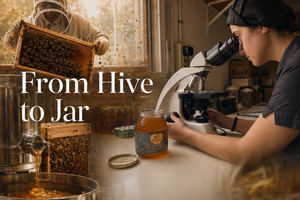A woman in a dark gray t-shirt and black head covering looks through a microscope at a jar of honey on a workbench, with a beekeeper holding a honey frame in the background. Large white text on the left reads 'From Hive to Jar'.