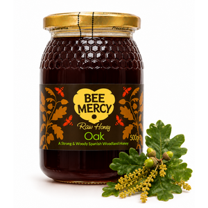A 500g glass jar of Bee Mercy Raw Honey Oak flavor with a gold lid and a black label with yellow and orange accents, shown next to fresh green oak leaves and acorns on a white background.
