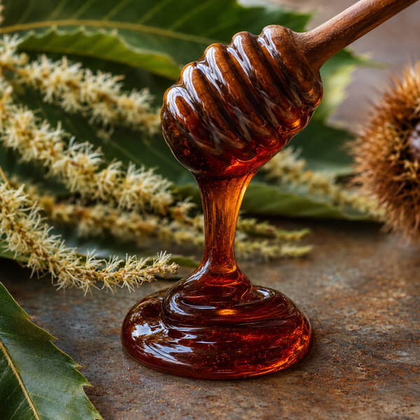A wooden honey dipper filled with glossy amber honey, set against a rustic background with chestnut leaves, blossoms, and a spiky chestnut shell.