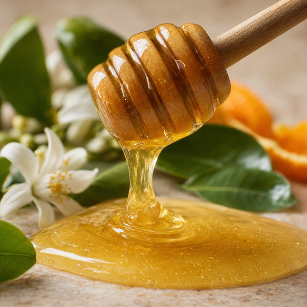 A wooden honey dipper filled with thick golden honey, with honey dripping into a pool below. The scene includes green leaves, white blossoms, and orange slices in a softly blurred natural setting.