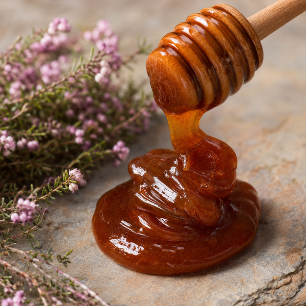 Glossy amber honey pooling on a stone surface, with a wooden honey dipper lifting some of the honey above it. Pink heather flowers and green stems are placed along the left side of the scene.