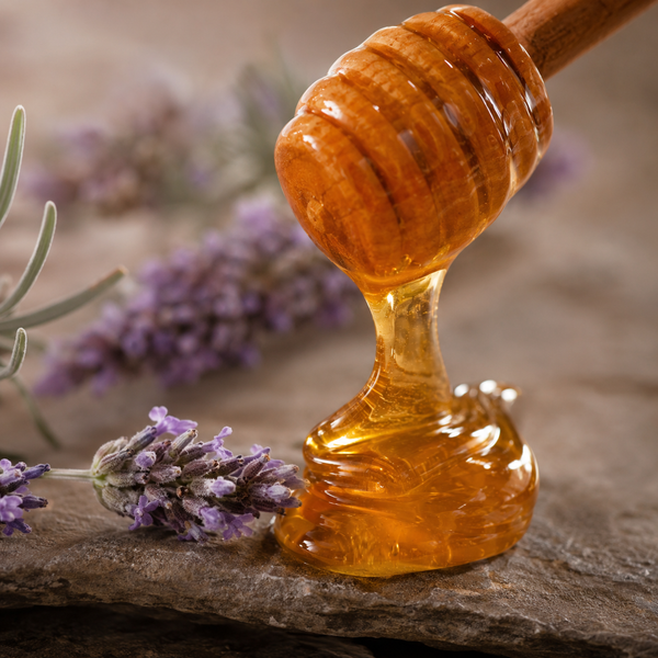 A wooden honey dipper filled with golden amber honey, with honey dripping down, set on a rustic stone surface with lavender sprigs in the background.
