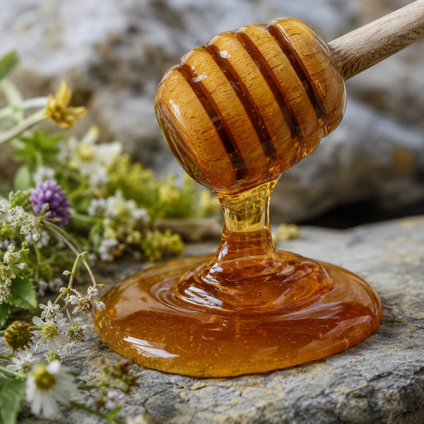 A wooden honey dipper filled with thick golden honey, with honey dripping onto a stone surface and surrounded by small wildflowers.