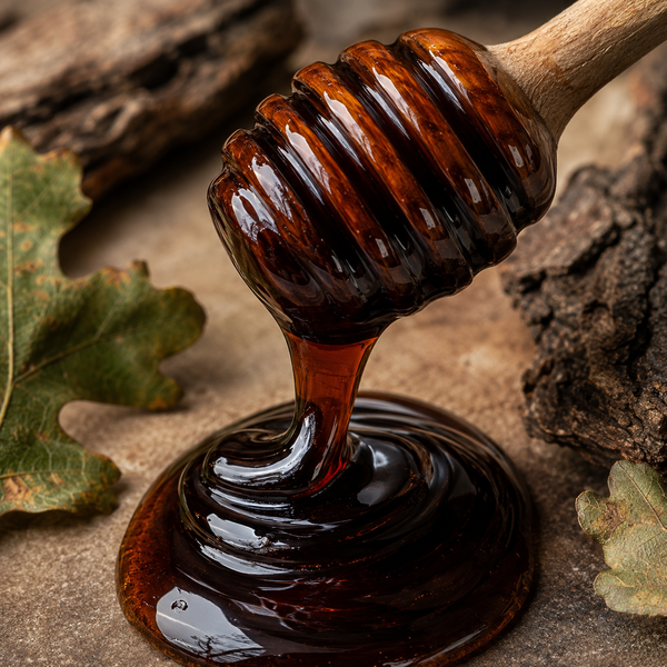 Glossy dark amber honey dripping from a wooden honey dipper, set against a rustic background with bark, wood chips, and green leaves.