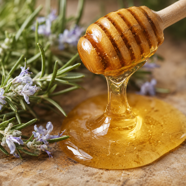 Glossy Light amber honey dripping from a wooden honey dipper onto a light stone surface, with blurred rosemary leaves and flowers in the background.