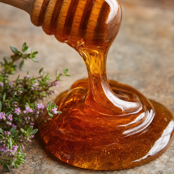 Thick amber honey dripping from a wooden honey dipper onto a stone surface, with small purple flowers and green leaves placed at the side.